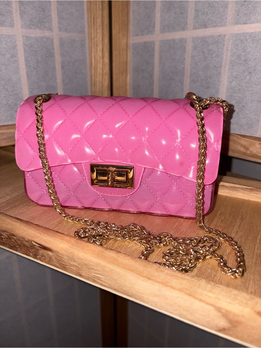 Forever21 Jelly Quilted Pink Gold Chain Crossbody Bag with Gold Hardware